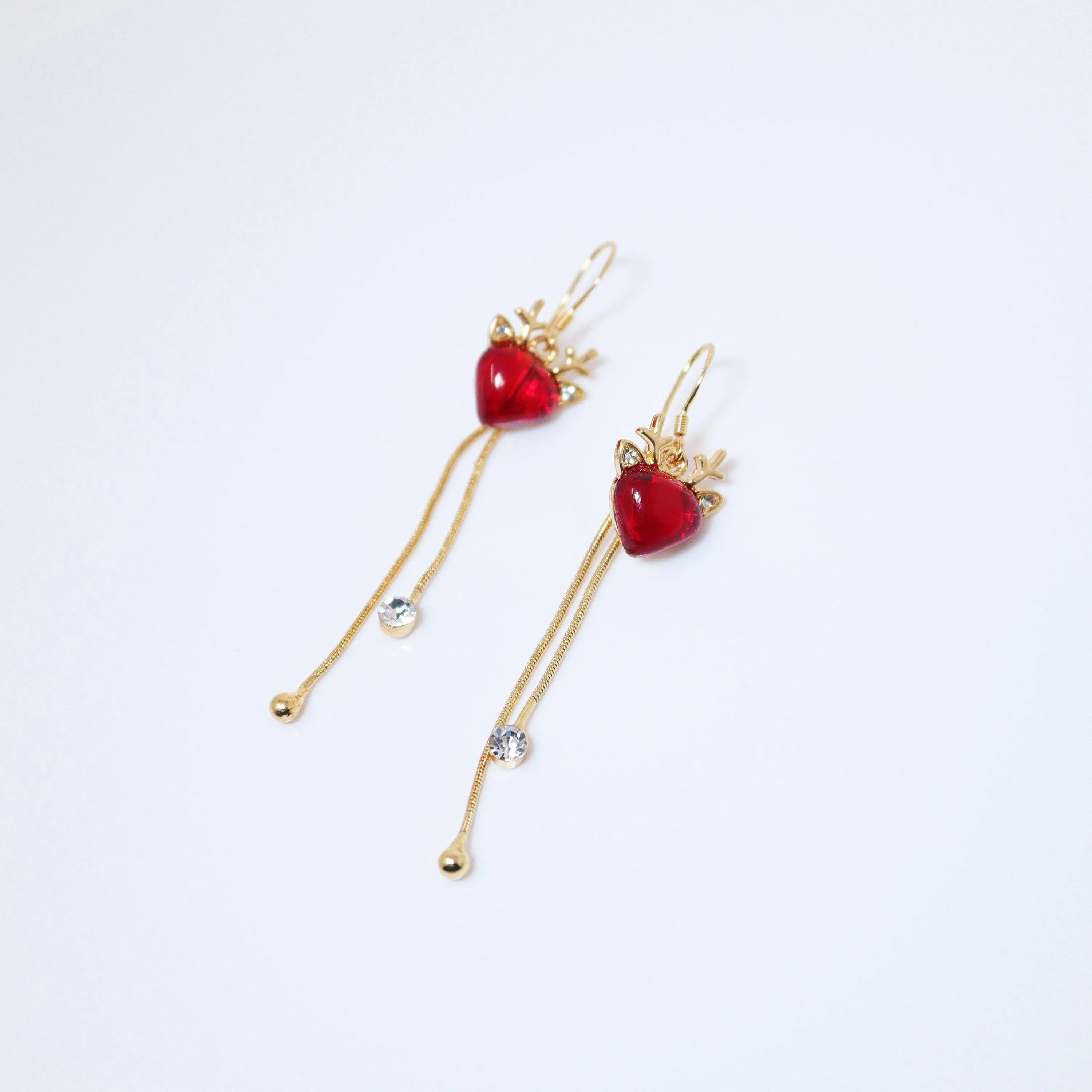 Gold Reindeer's Red Heart Rhinestone tassel Christmas Themed earrings, Long Tassel Christmas Earrings Statement Christmas earrings.