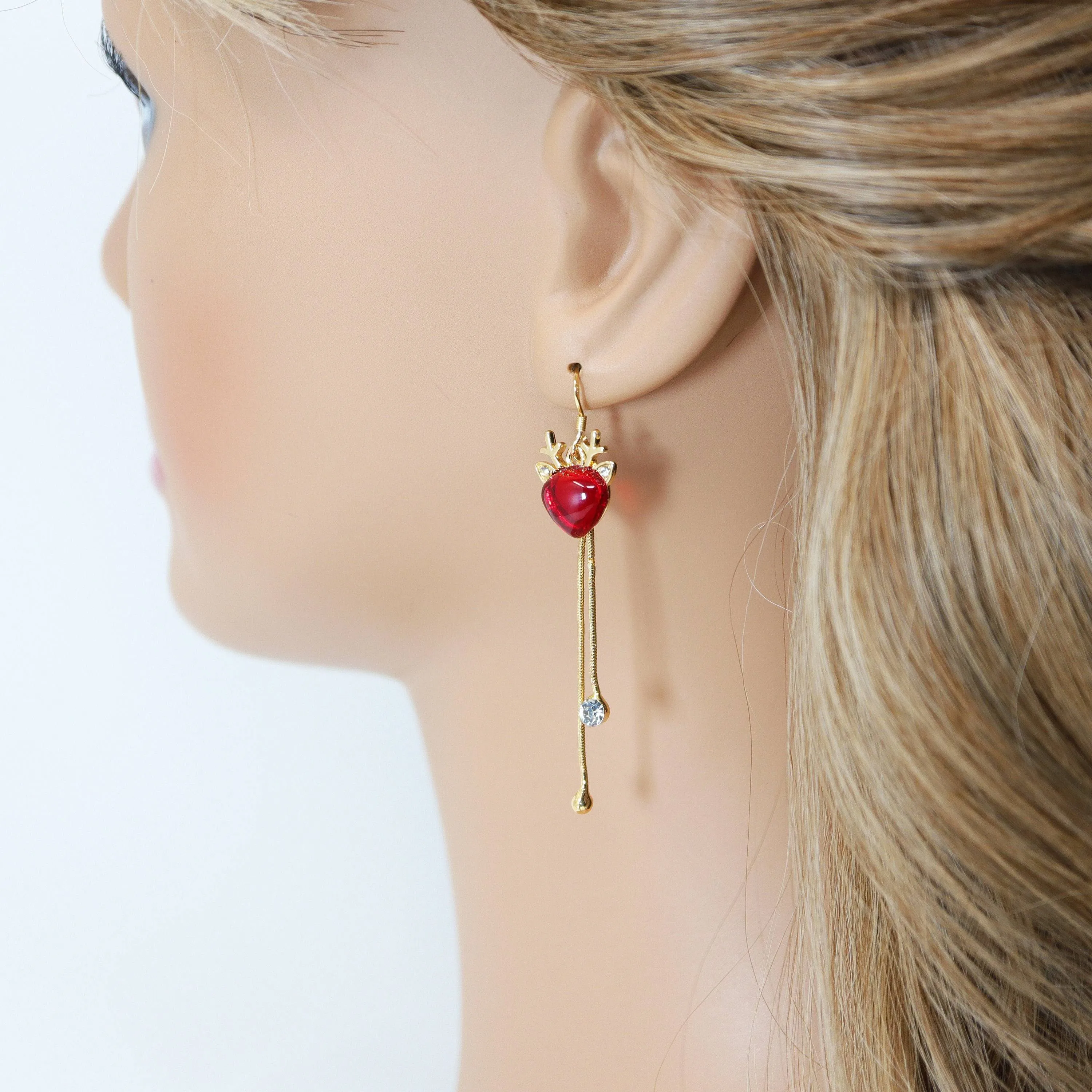 Gold Reindeer's Red Heart Rhinestone tassel Christmas Themed earrings, Long Tassel Christmas Earrings Statement Christmas earrings.