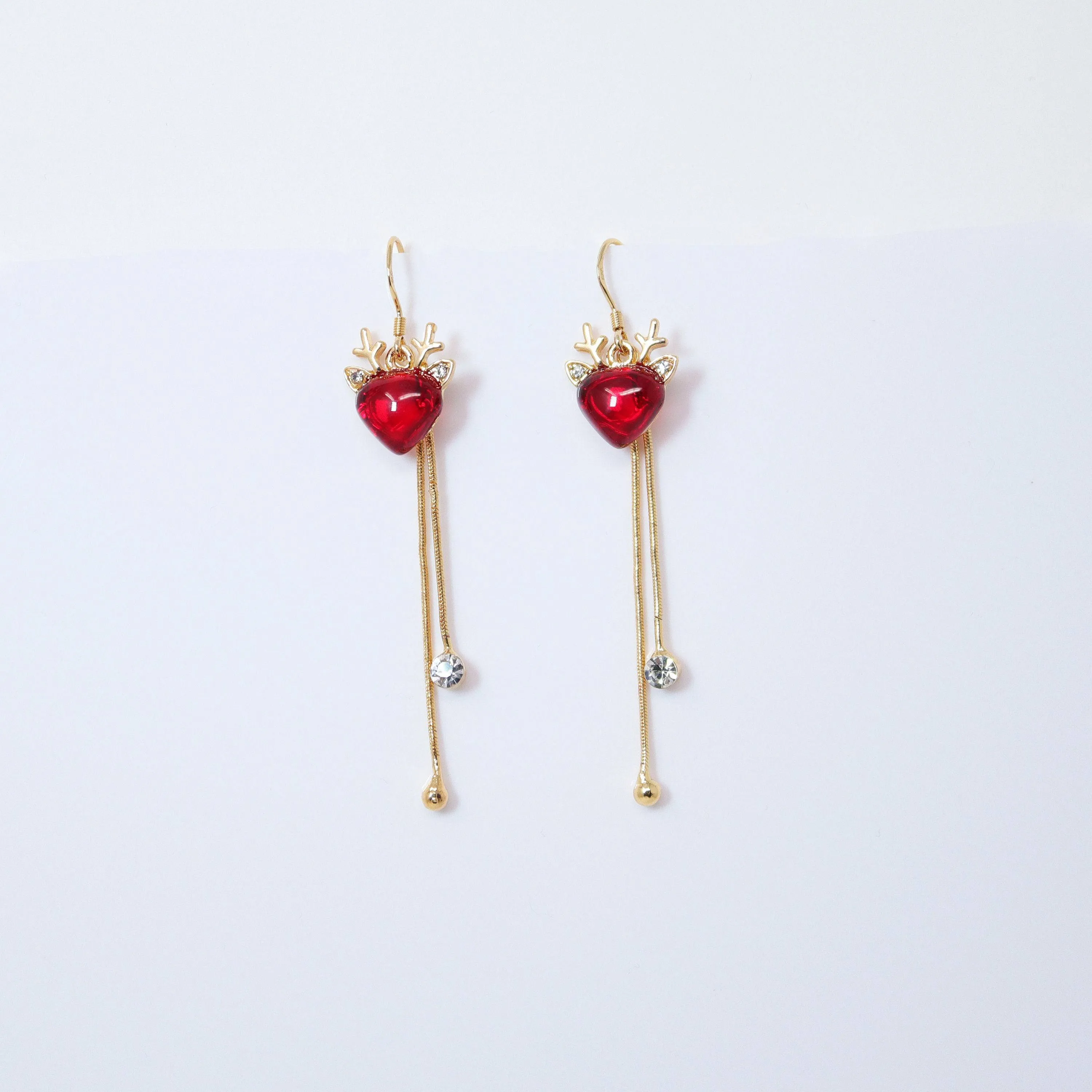 Gold Reindeer's Red Heart Rhinestone tassel Christmas Themed earrings, Long Tassel Christmas Earrings Statement Christmas earrings.