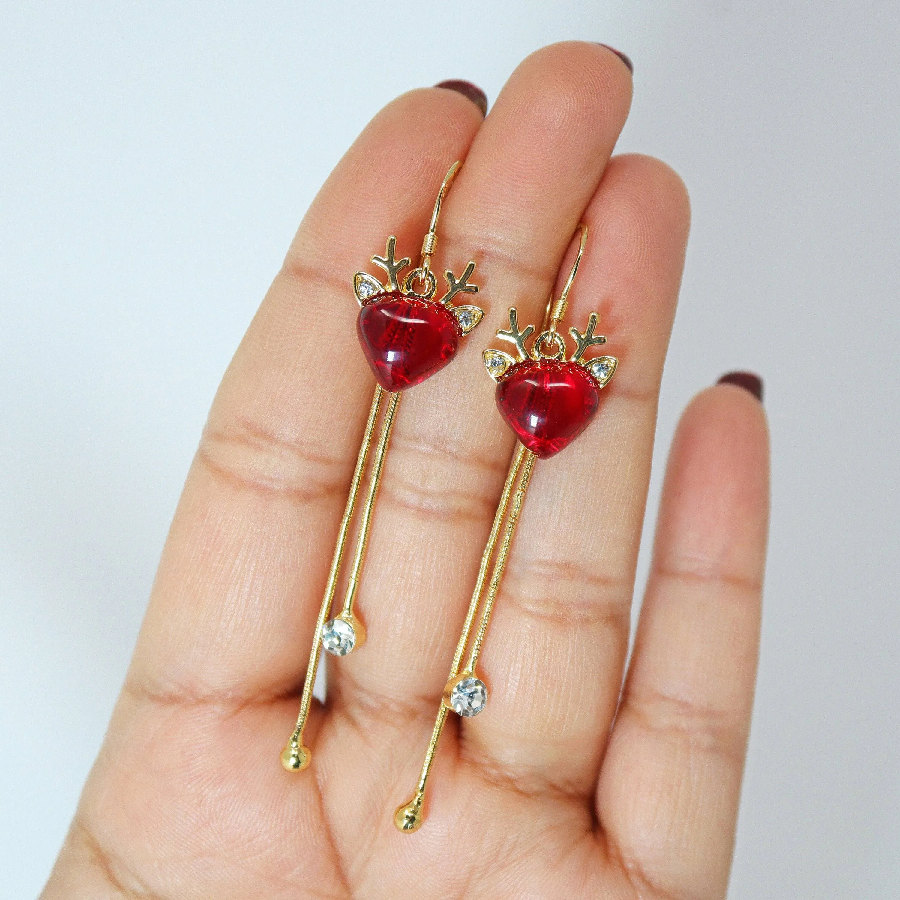 Gold Reindeer's Red Heart Rhinestone tassel Christmas Themed earrings, Long Tassel Christmas Earrings Statement Christmas earrings.