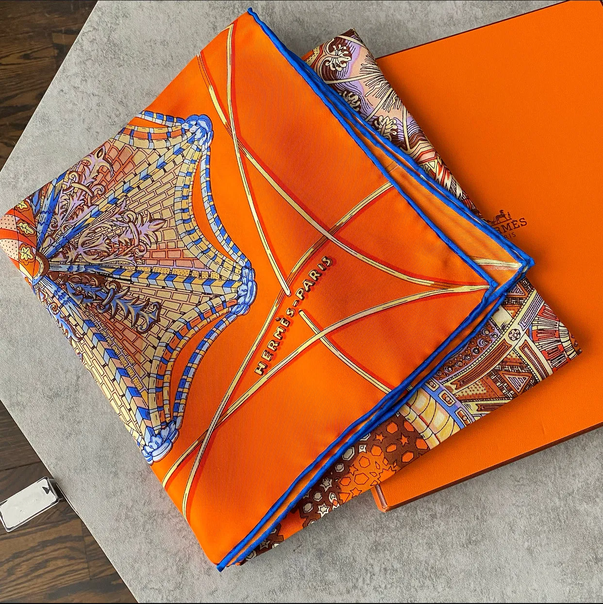 Hermes Orange and Blue Silk Les Domes Celestes 90cm Scarf