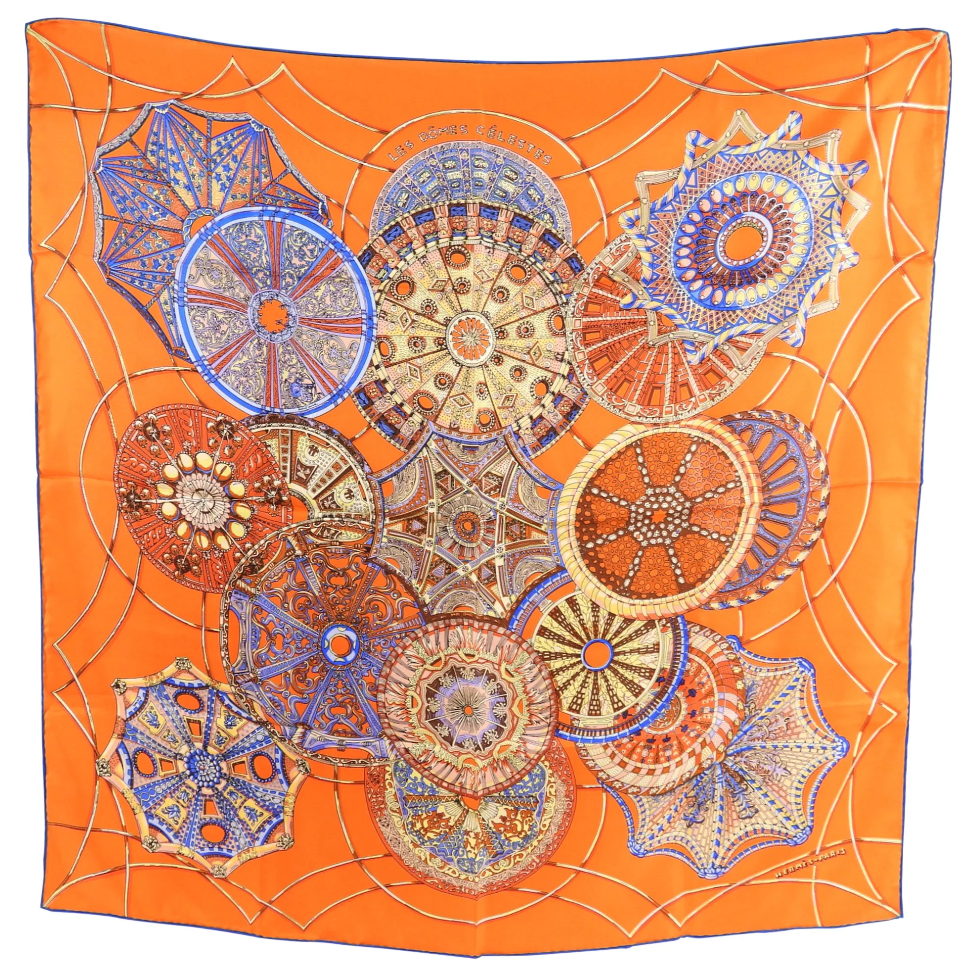 Hermes Orange and Blue Silk Les Domes Celestes 90cm Scarf