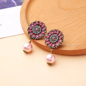 Hot Pink Flower Pearl Drop Earring Piercing Earring