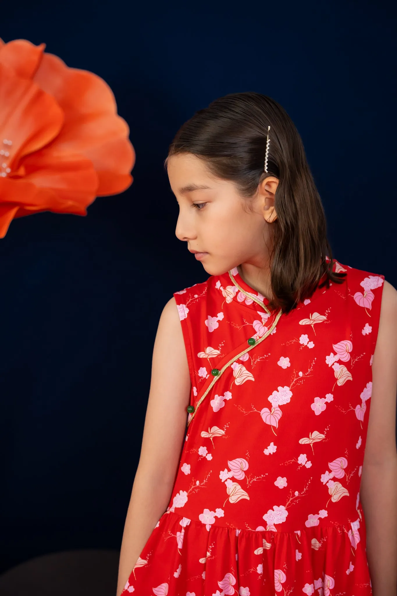 Jersey Luna Cheongsam - Red Blossom Lily