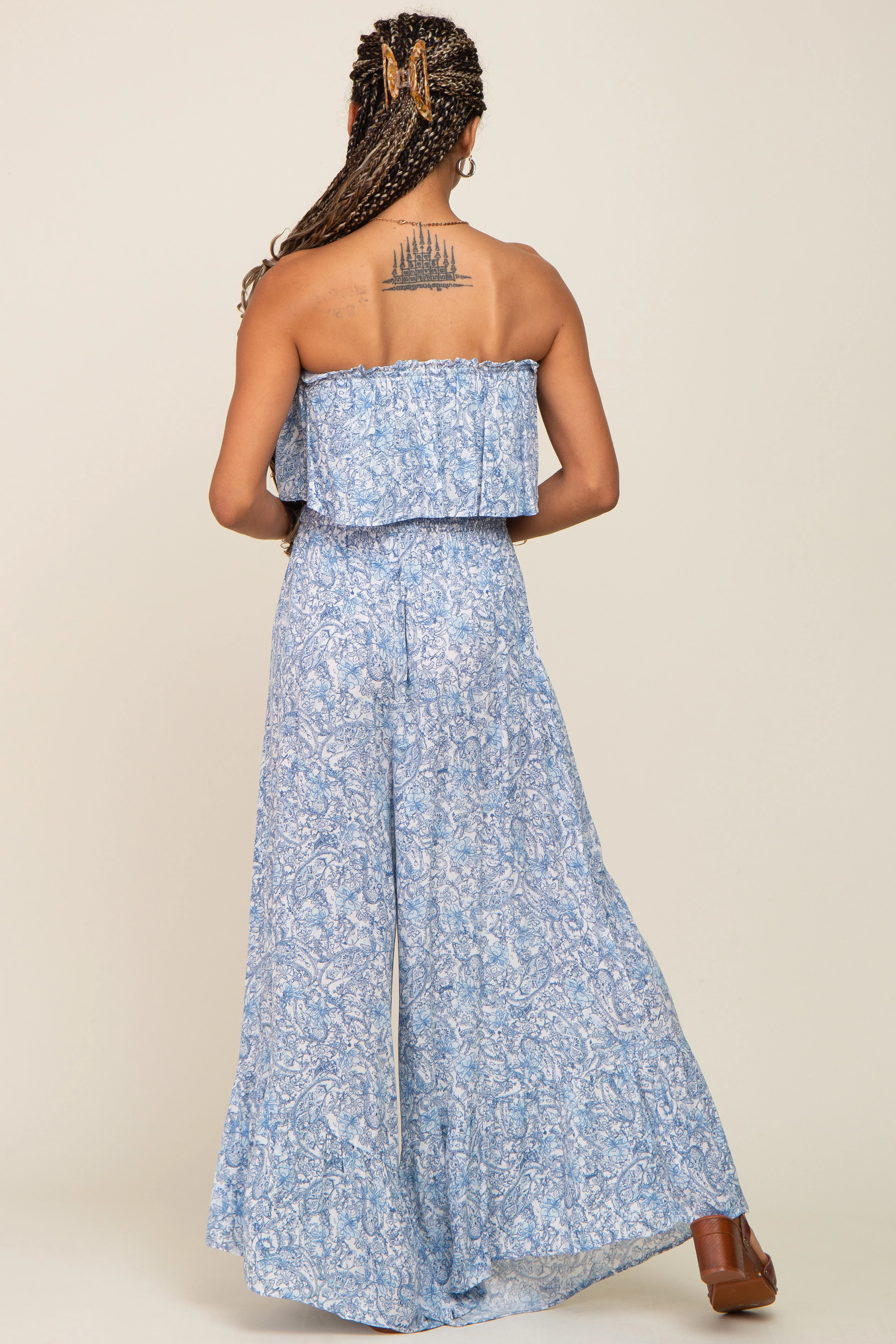 Light Blue Paisley Ruffle Strapless Jumpsuit