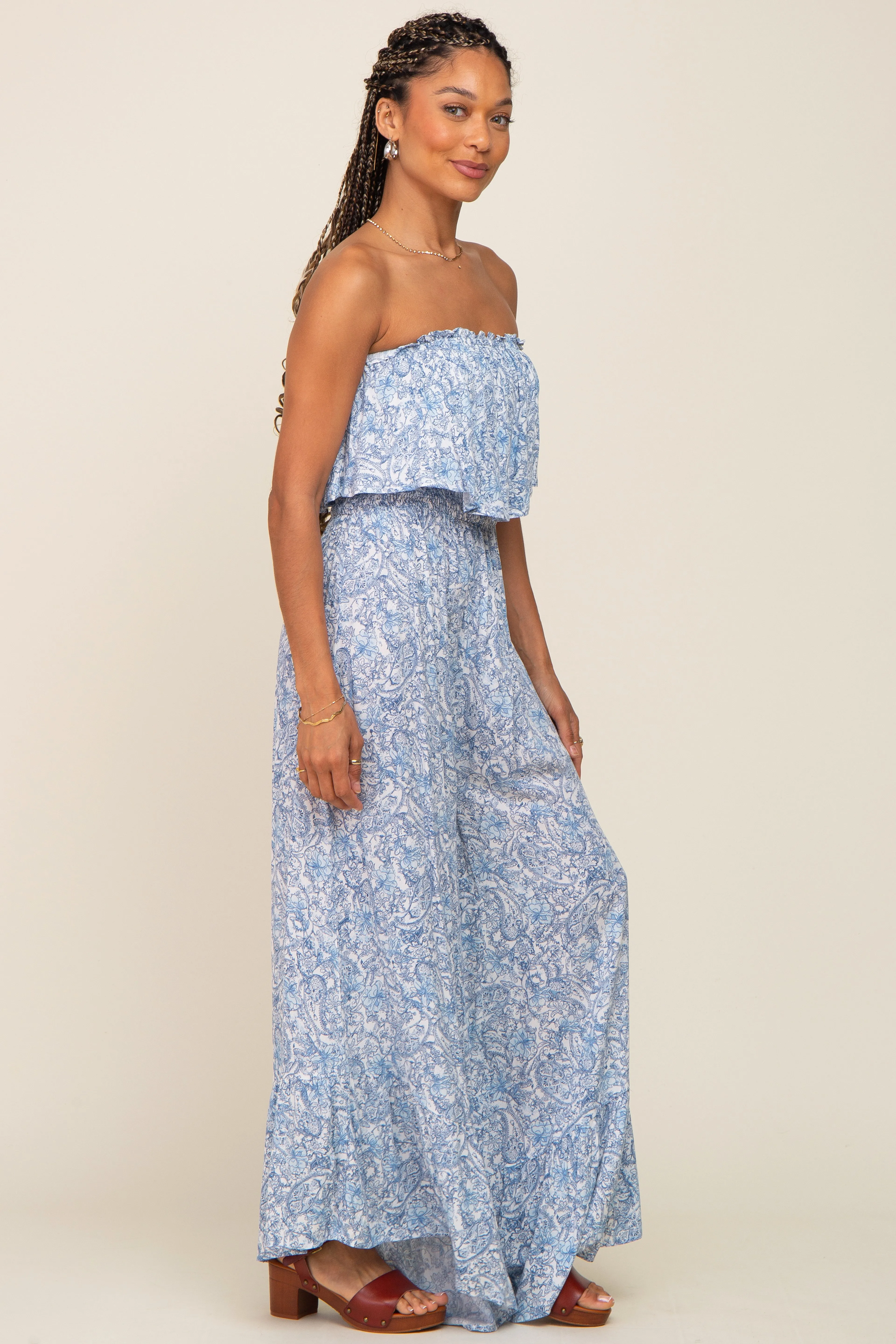 Light Blue Paisley Ruffle Strapless Jumpsuit