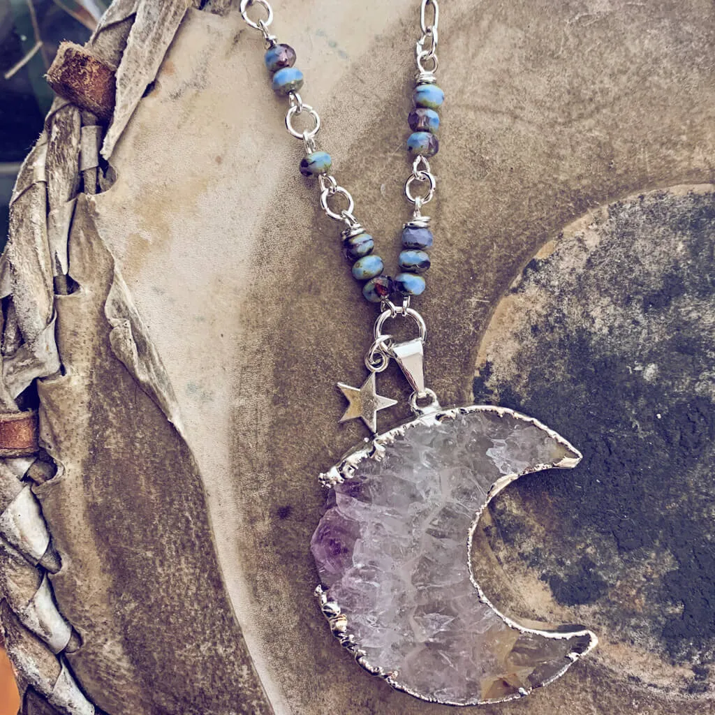 luna // silver electroplated crescent moon amethyst slice bohemian necklace