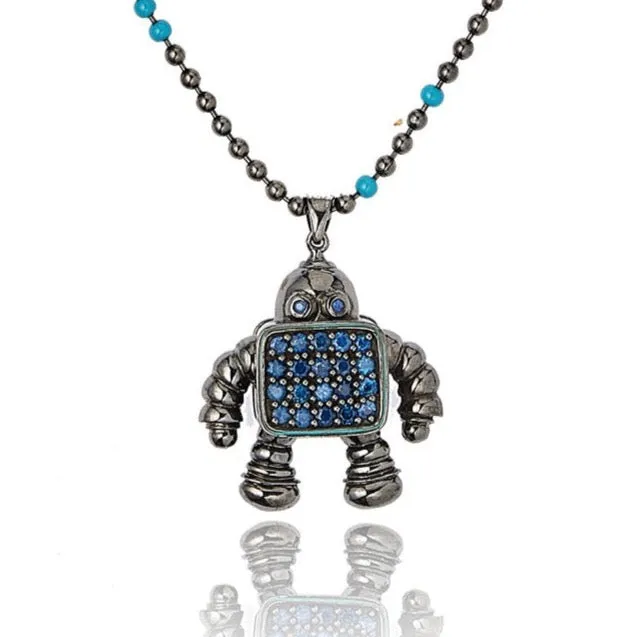 MCL Design Sterling Silver Robot Pendant with Winter Blue Enamel & Blue Sapphires