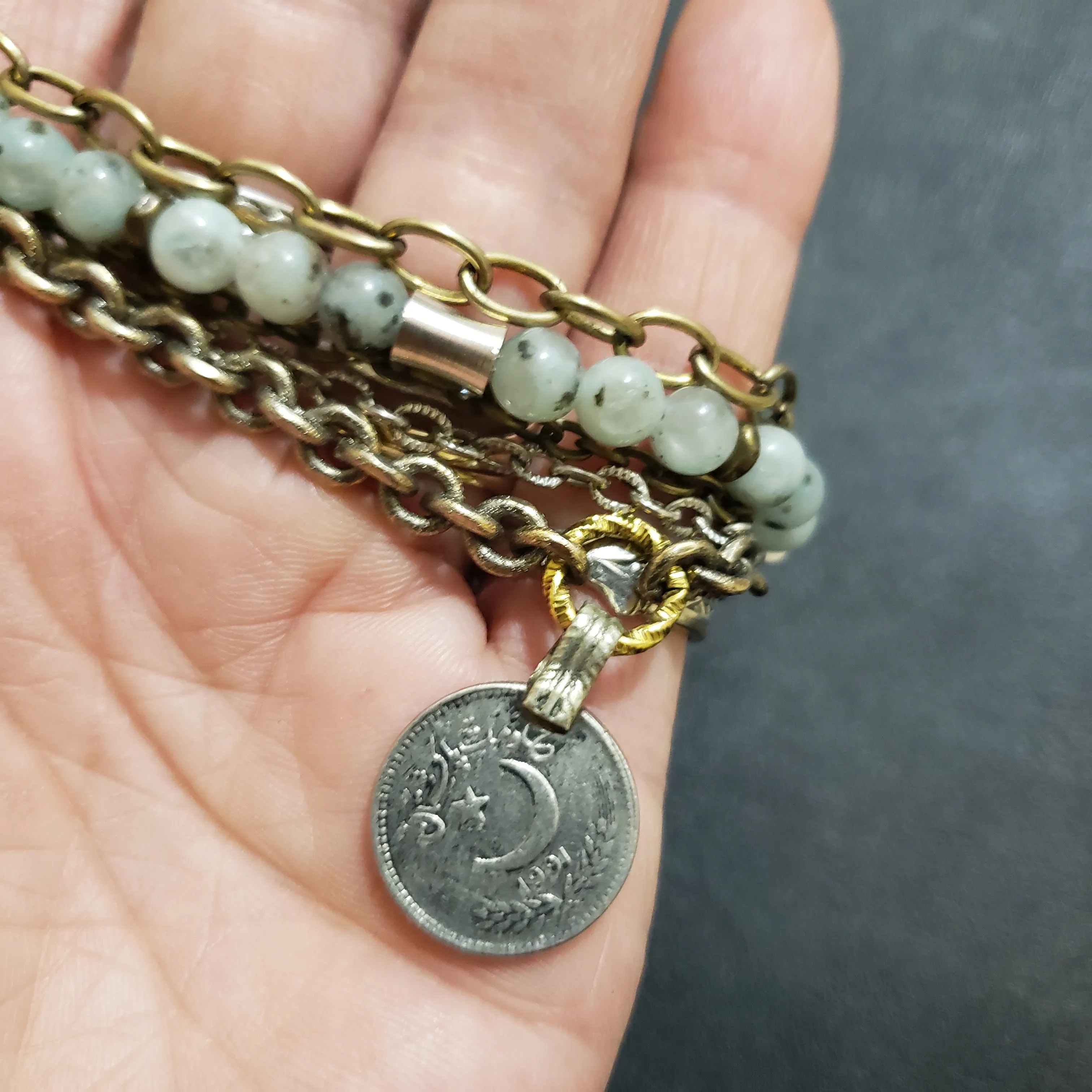 Multi Chain Kuchi Coin Stone Bracelet