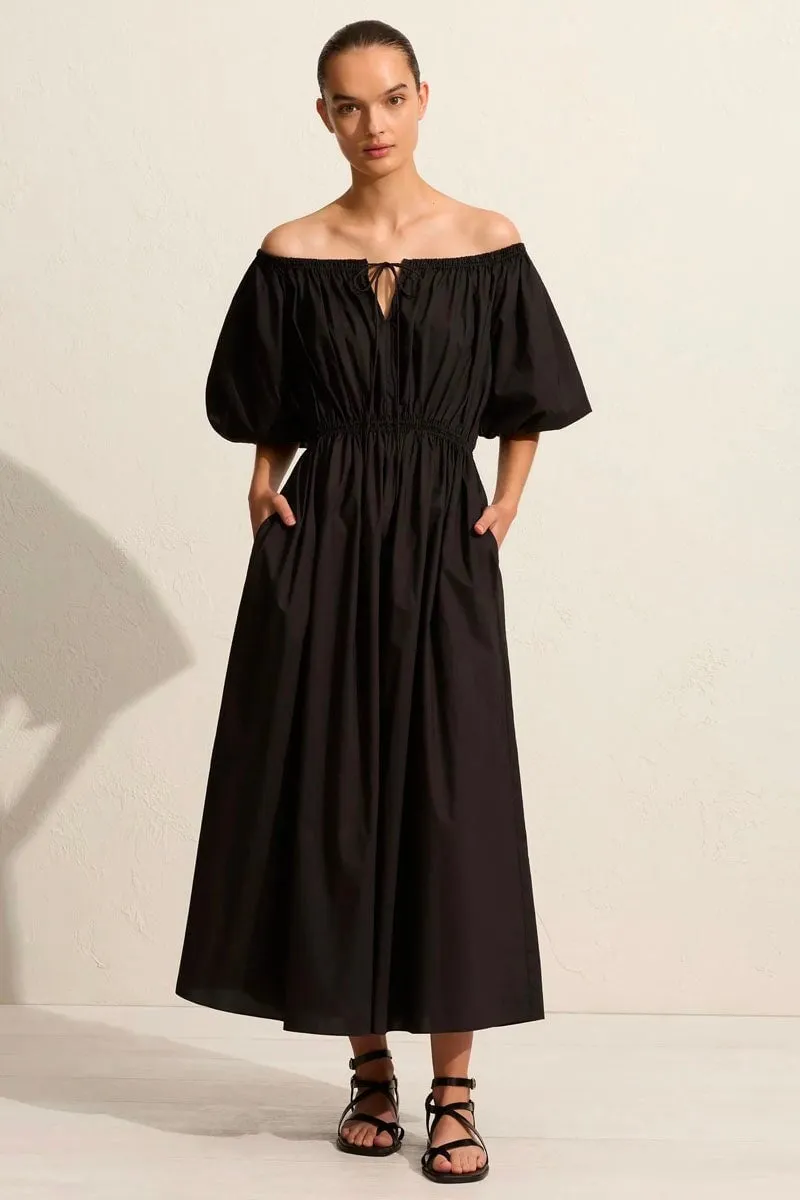 OFF THE SHOULDER MIDI DRESS-BLACK