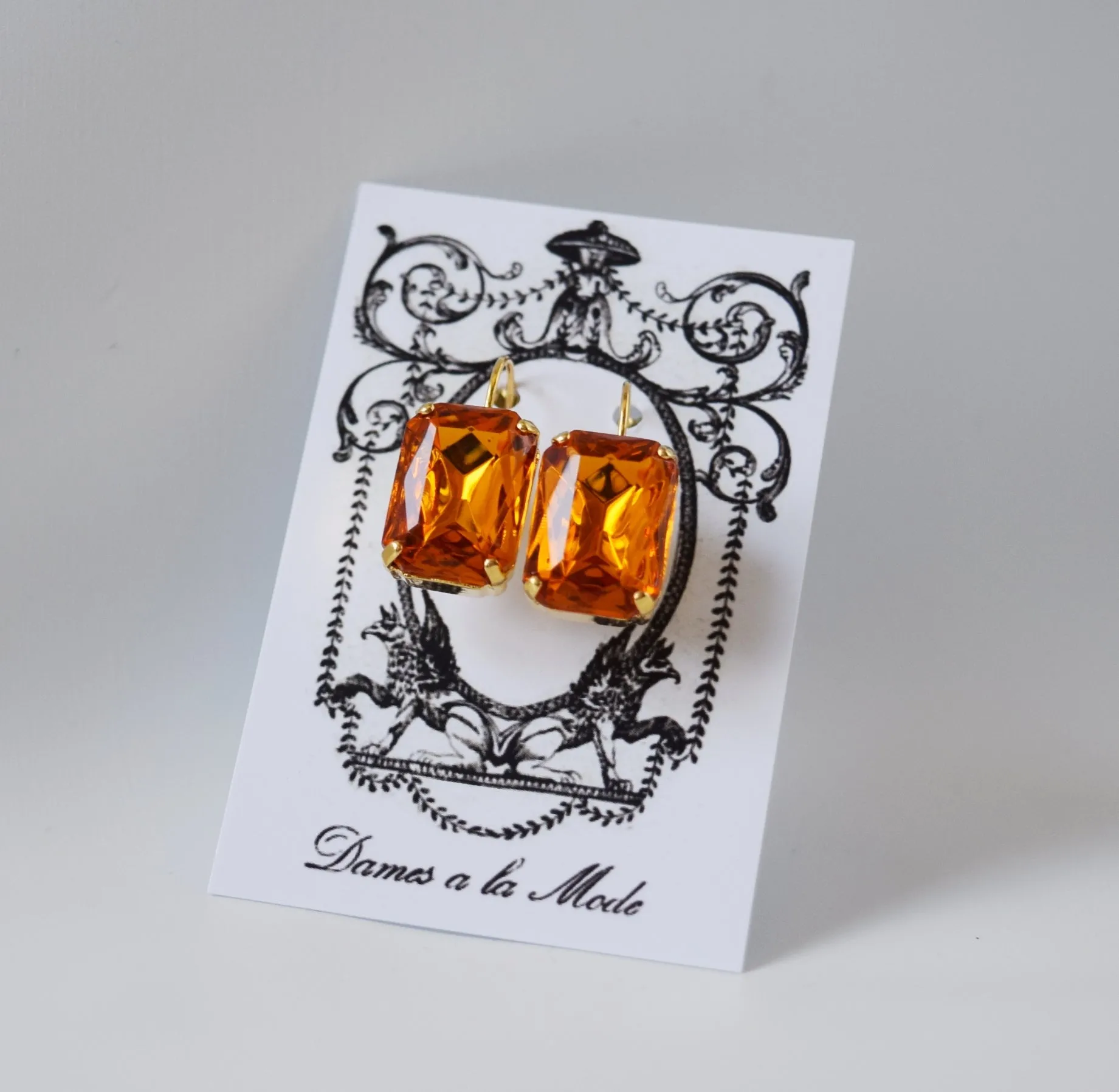 Orange Topaz Crystal Earrings - Large Octagon