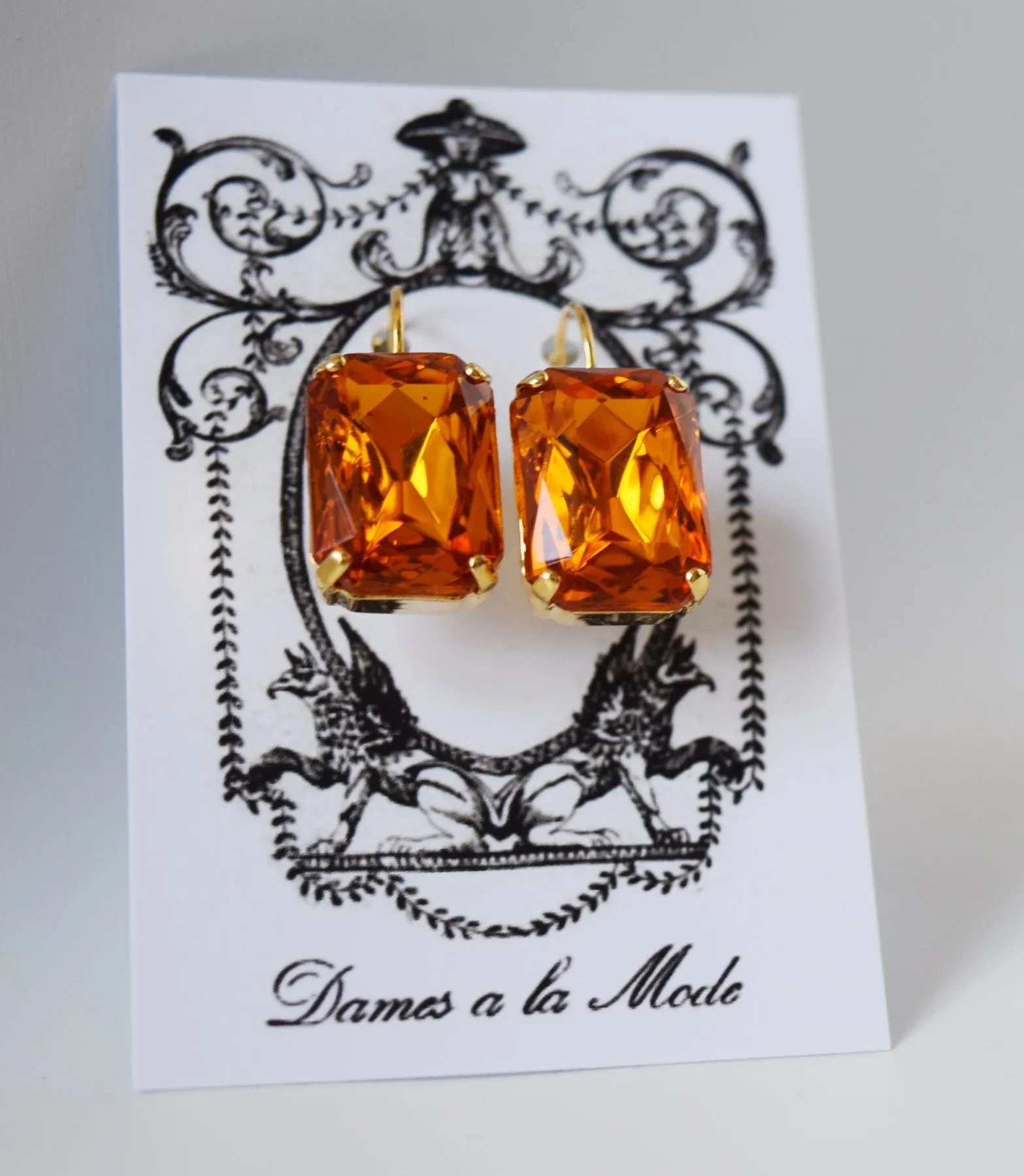 Orange Topaz Crystal Earrings - Large Octagon