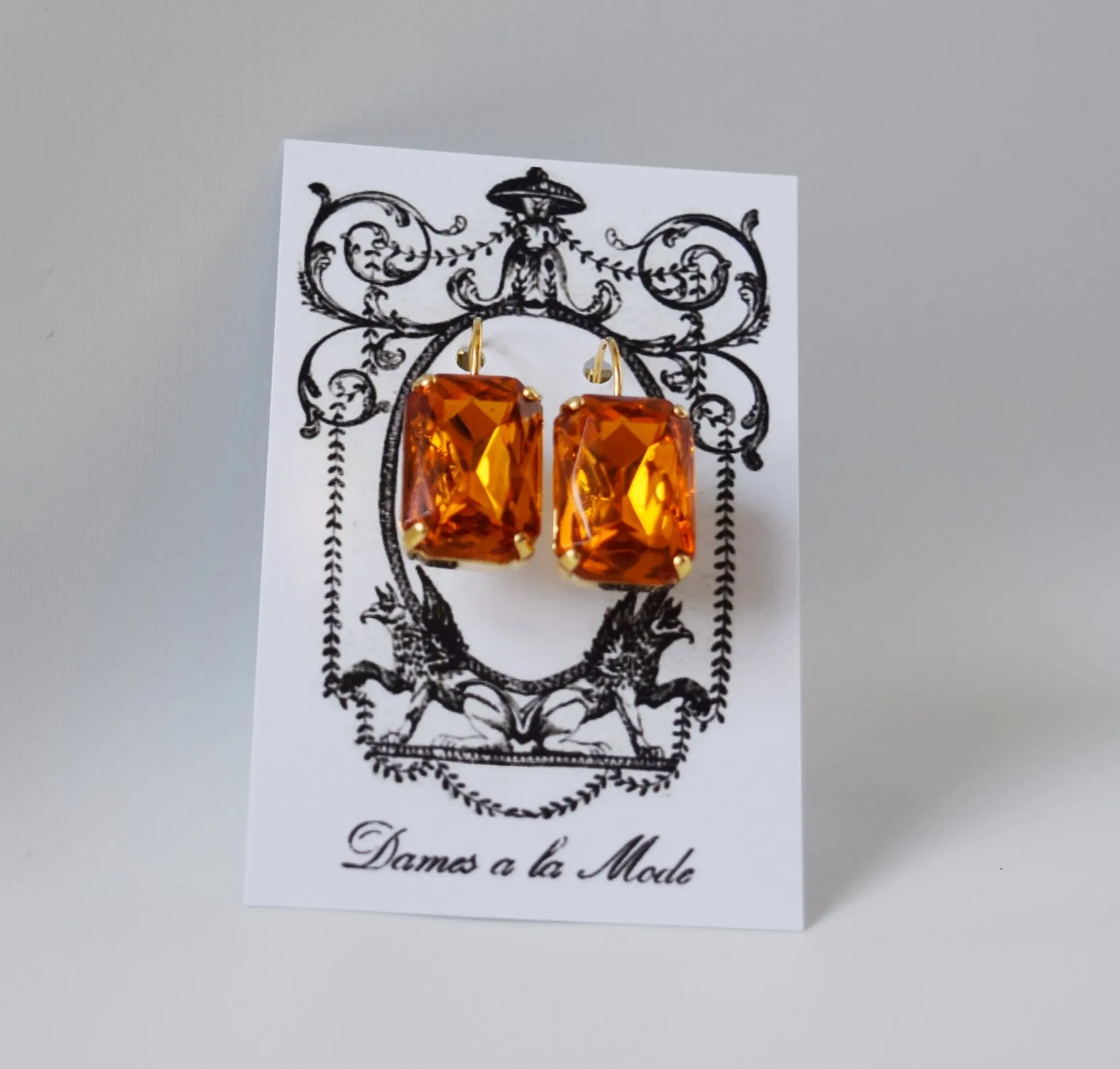 Orange Topaz Crystal Earrings - Large Octagon