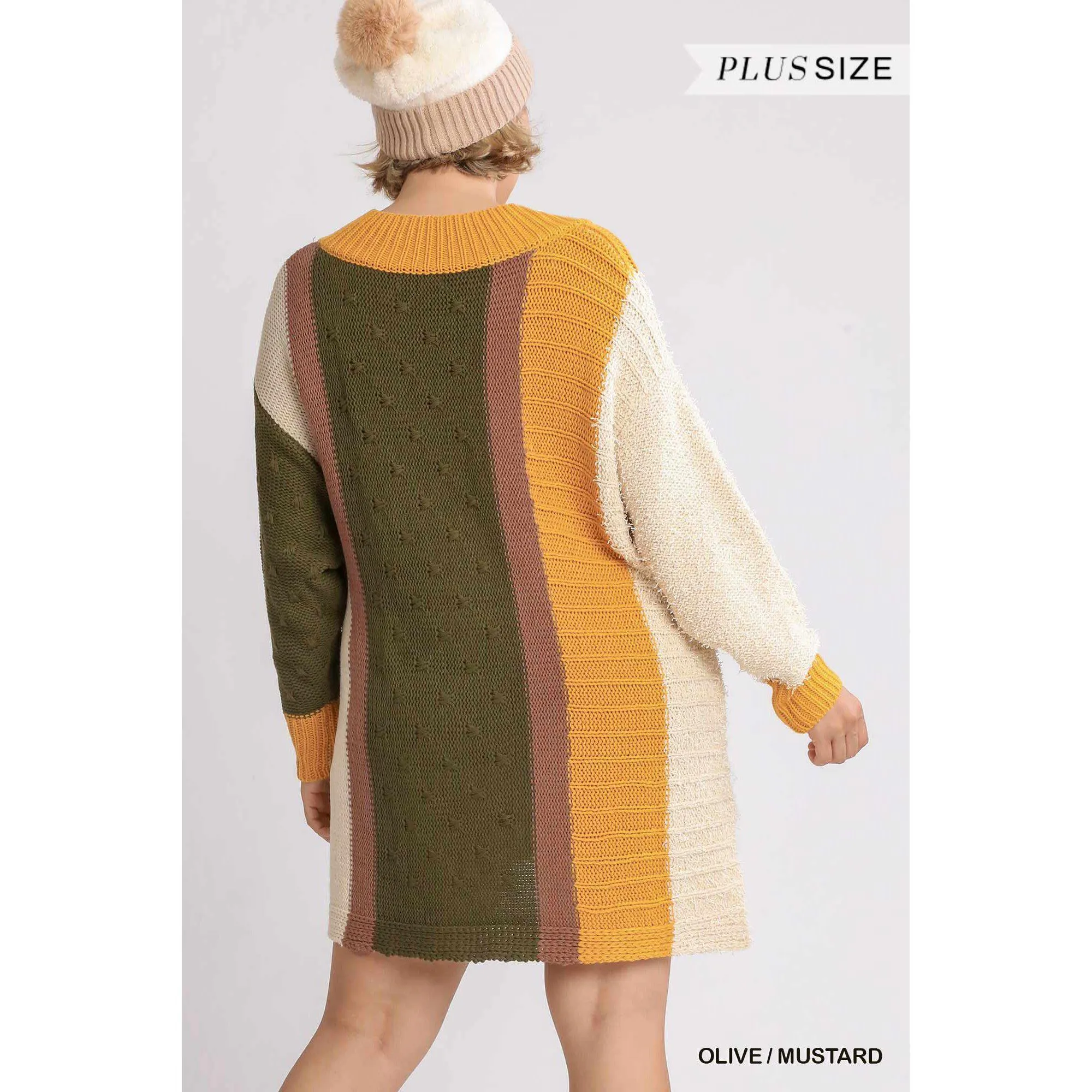 Oversized Multicolor Bouclé V-neck Pullover Sweater Dress With Side Slit