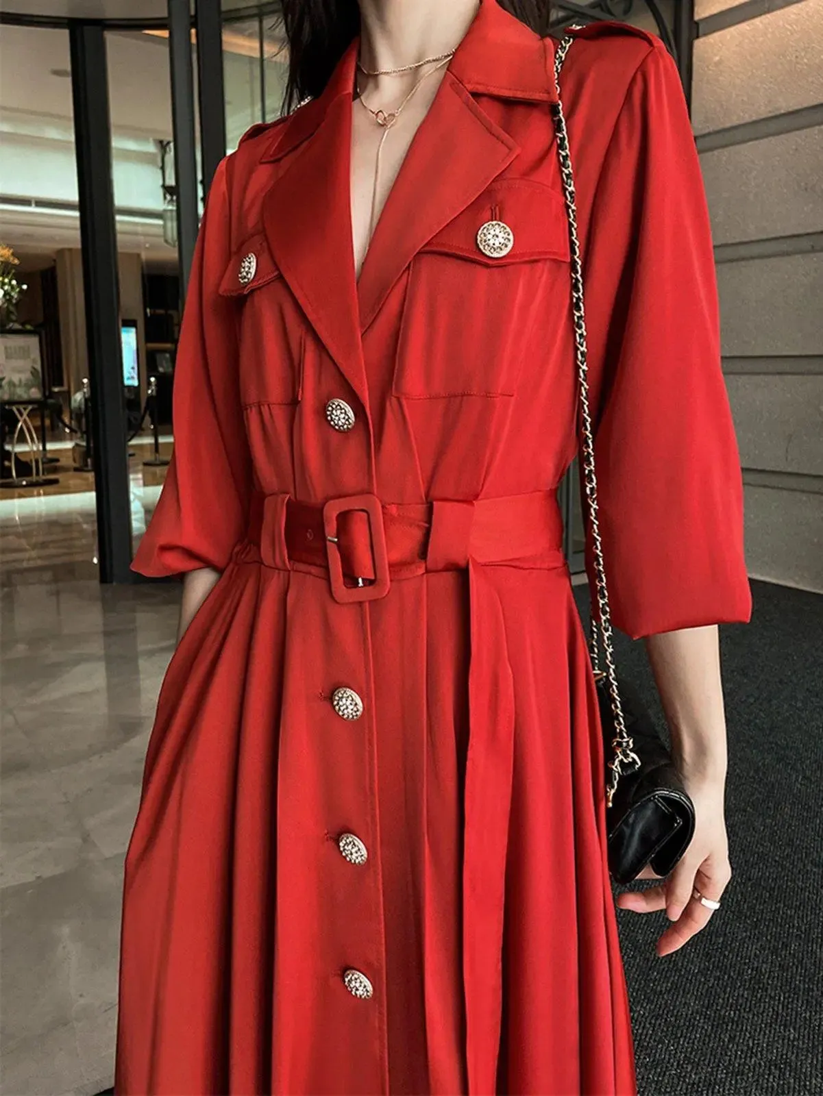 Red Single-Breasted Belted Light Weight Trench Coat