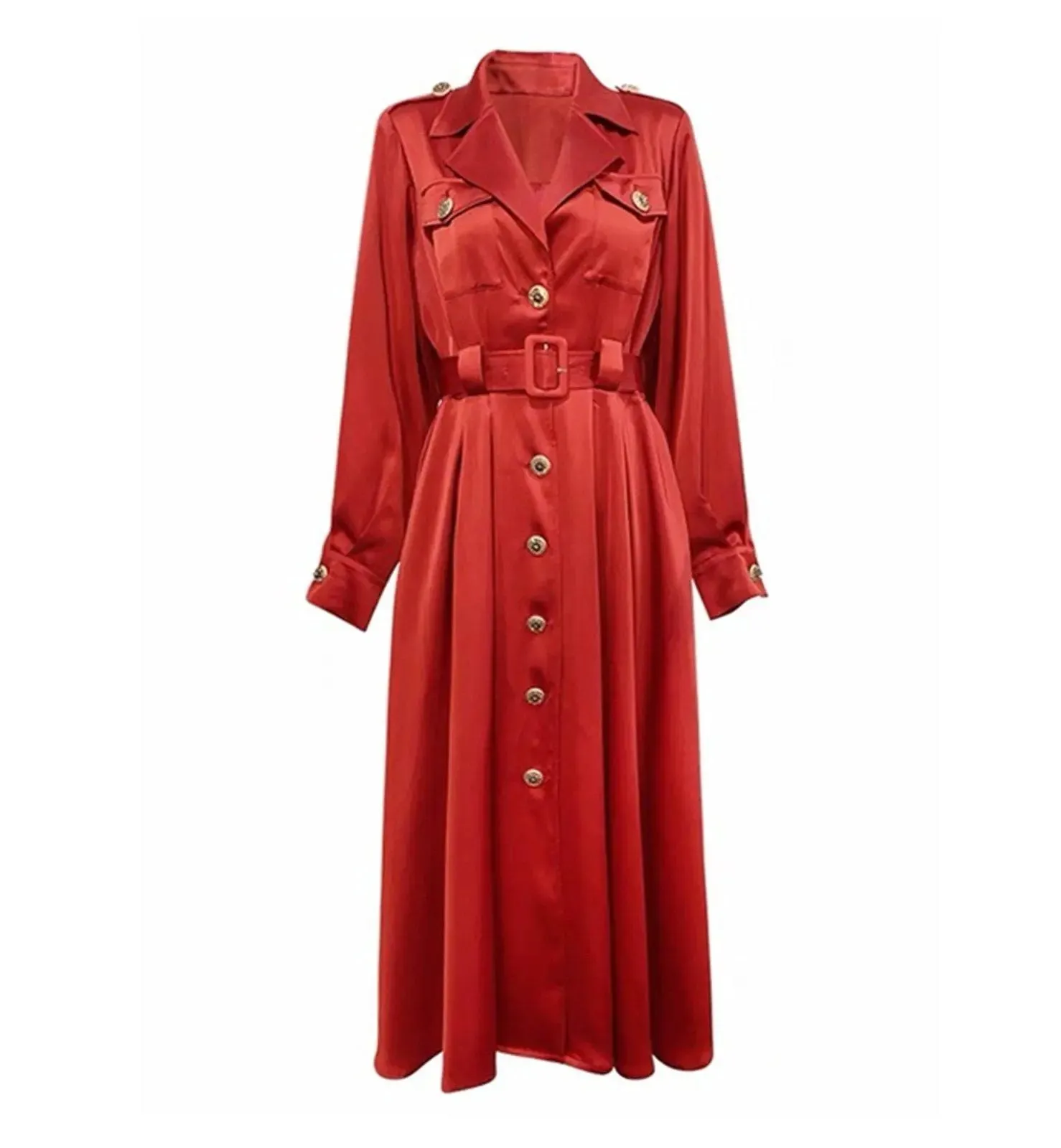 Red Single-Breasted Belted Light Weight Trench Coat