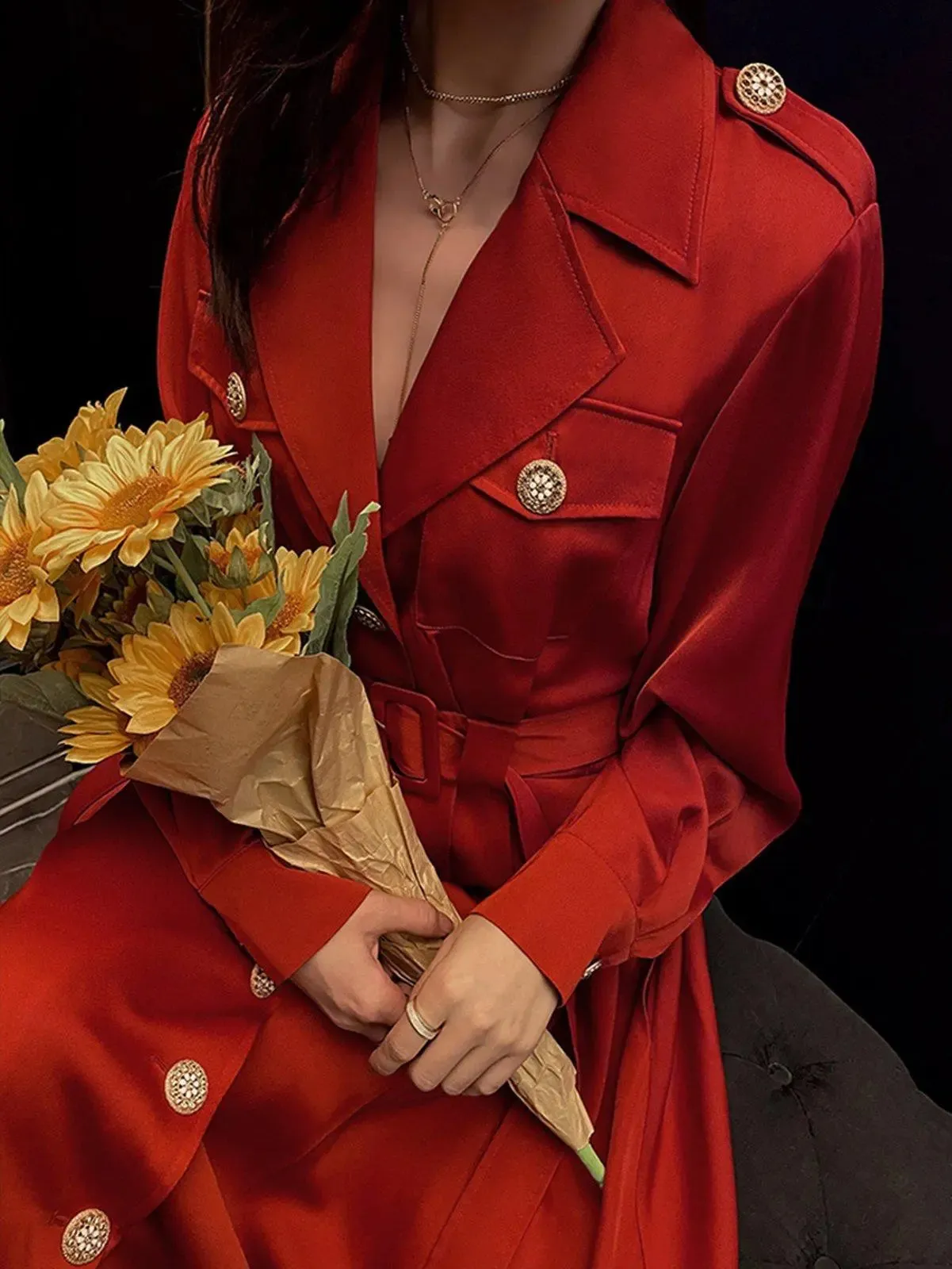 Red Single-Breasted Belted Light Weight Trench Coat