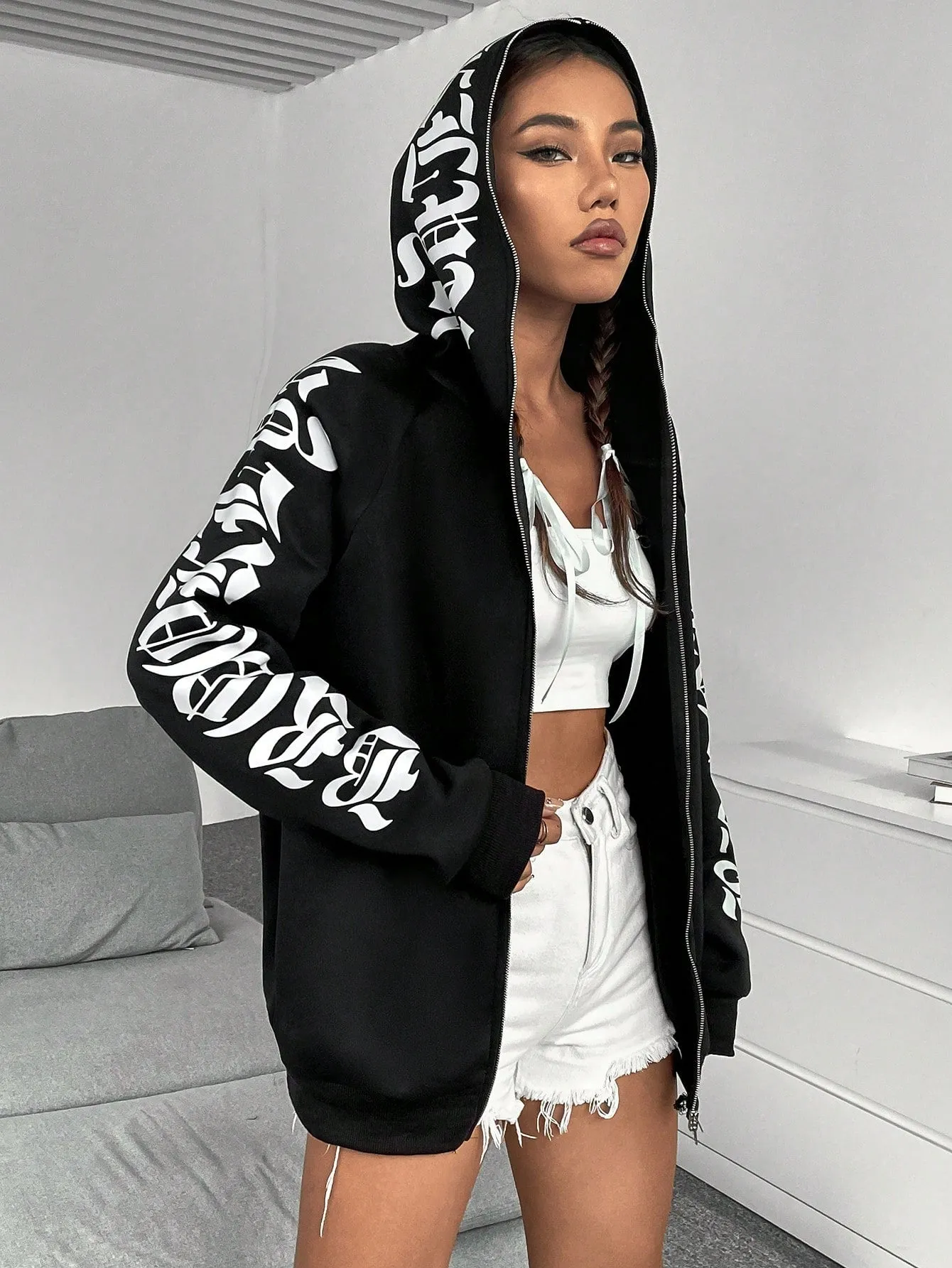 Reflective Graphic Zip Up Hoodie