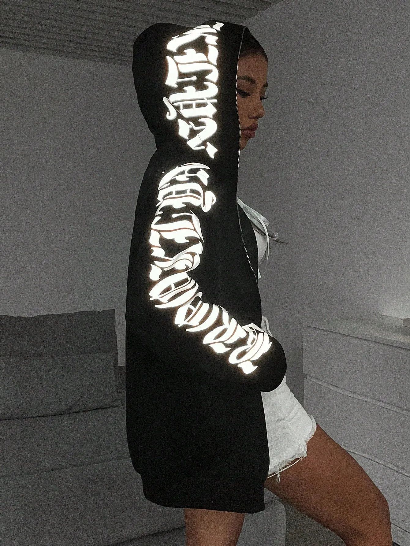 Reflective Graphic Zip Up Hoodie