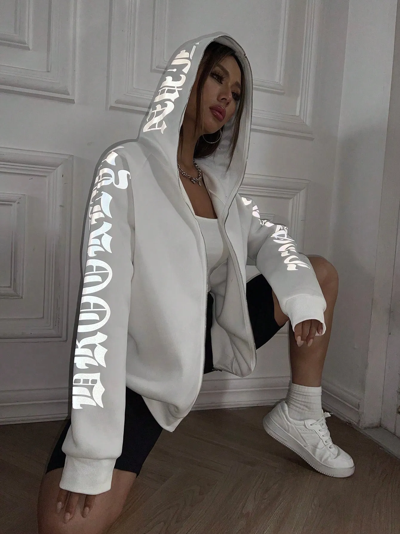 Reflective Graphic Zip Up Hoodie