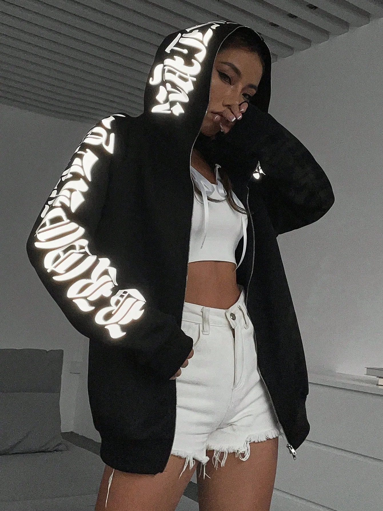 Reflective Graphic Zip Up Hoodie