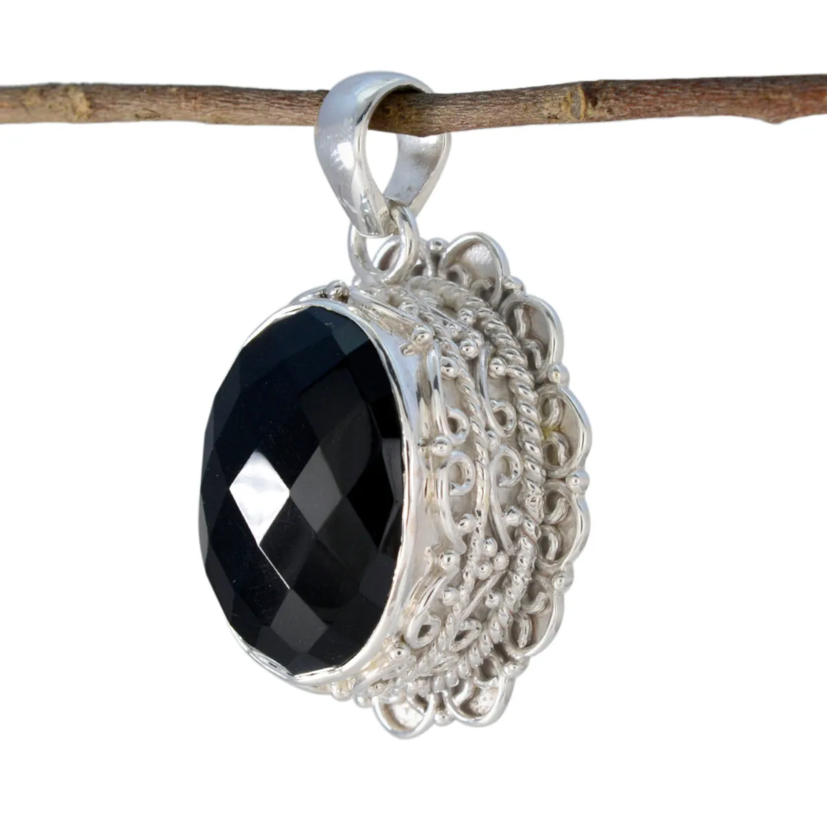 Riyo Foxy Gemstone Oval Checker Black Black Onyx Sterling Silver Pendant Gift For Christmas