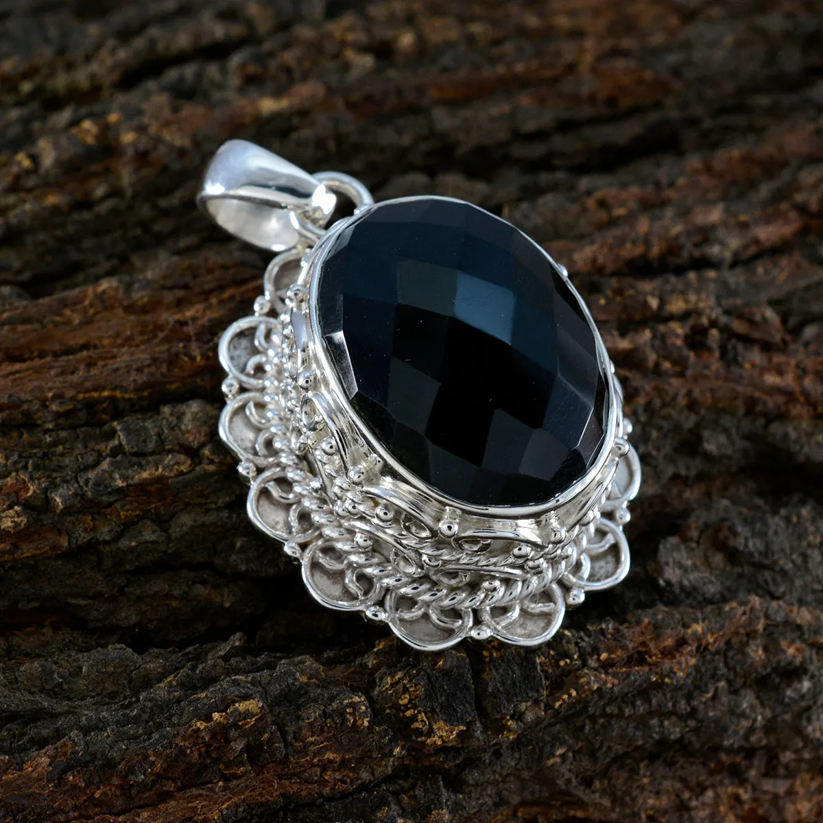 Riyo Foxy Gemstone Oval Checker Black Black Onyx Sterling Silver Pendant Gift For Christmas