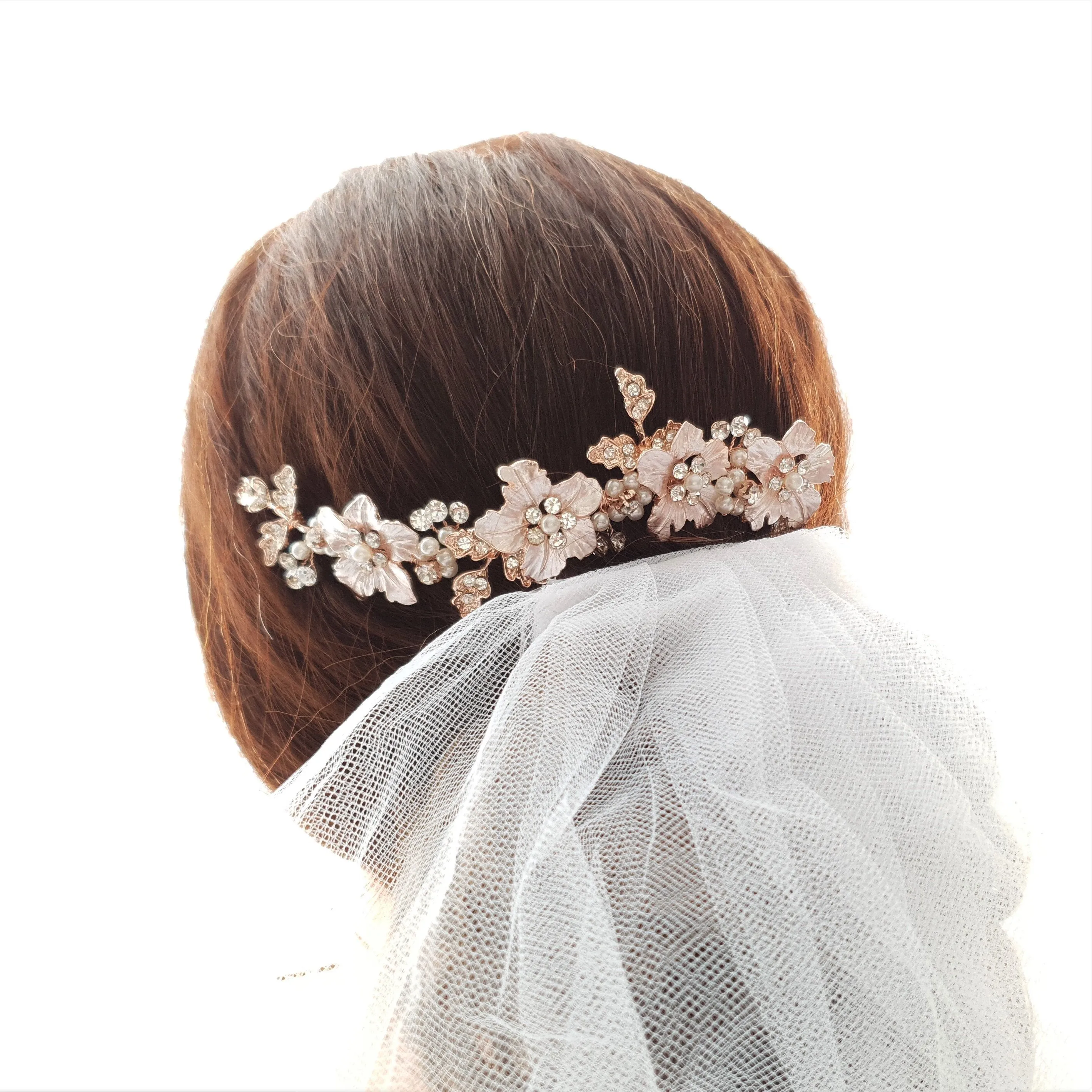 Rose Gold Hair Comb for Brides with Leaf and Flower-Gardenia