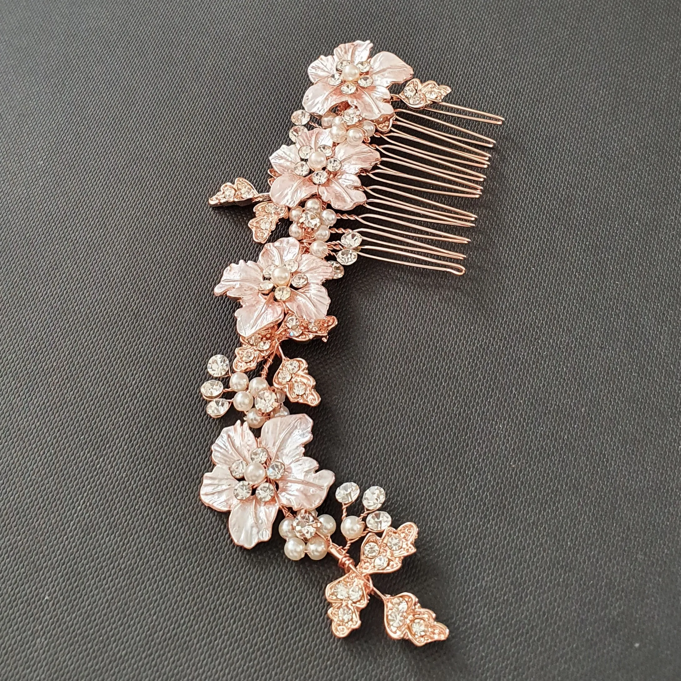 Rose Gold Hair Comb for Brides with Leaf and Flower-Gardenia