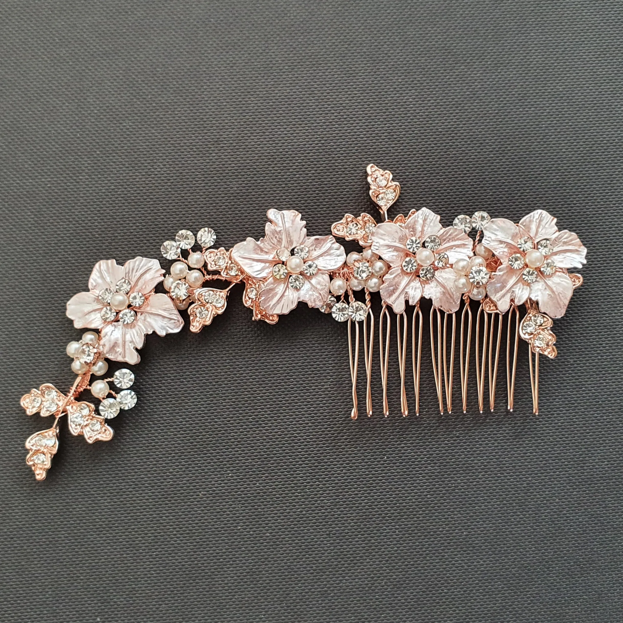 Rose Gold Hair Comb for Brides with Leaf and Flower-Gardenia