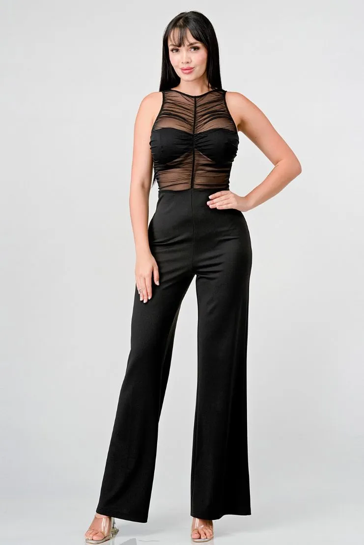 Ryann Sheer Ruched Bodice Black Jumpsuit