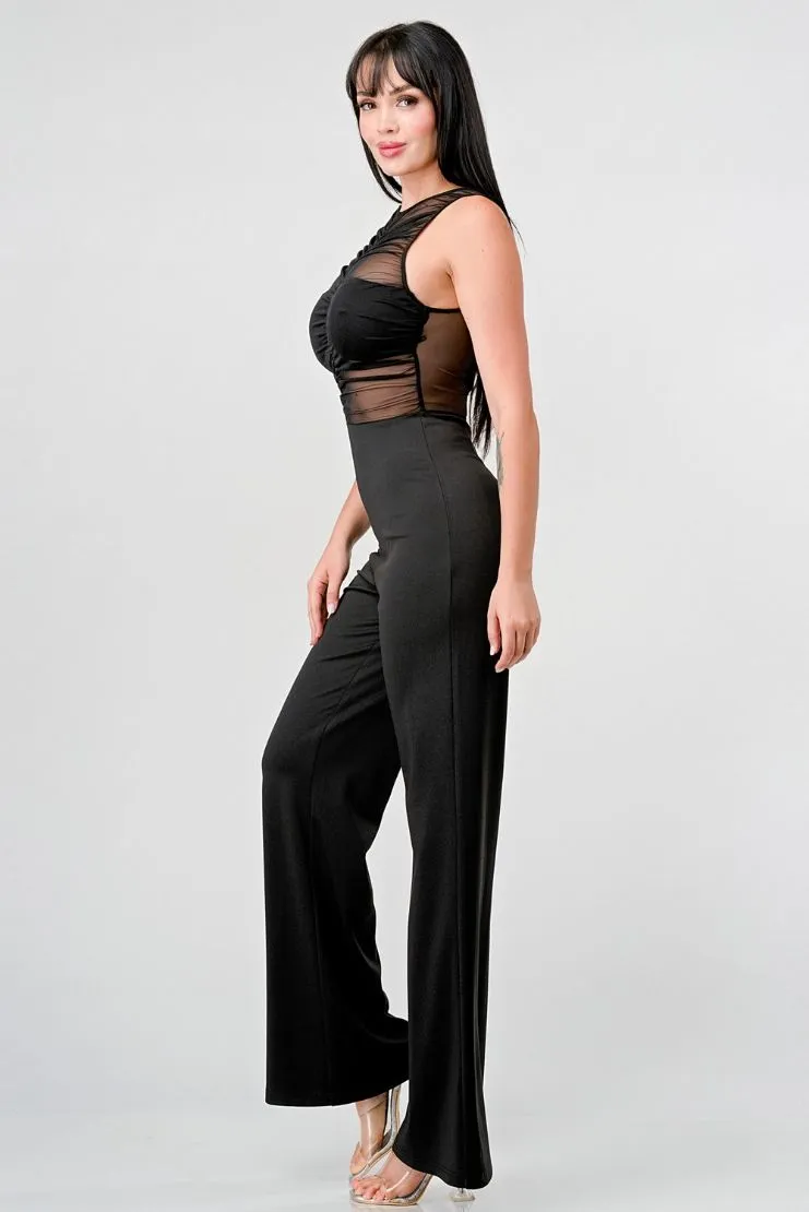 Ryann Sheer Ruched Bodice Black Jumpsuit