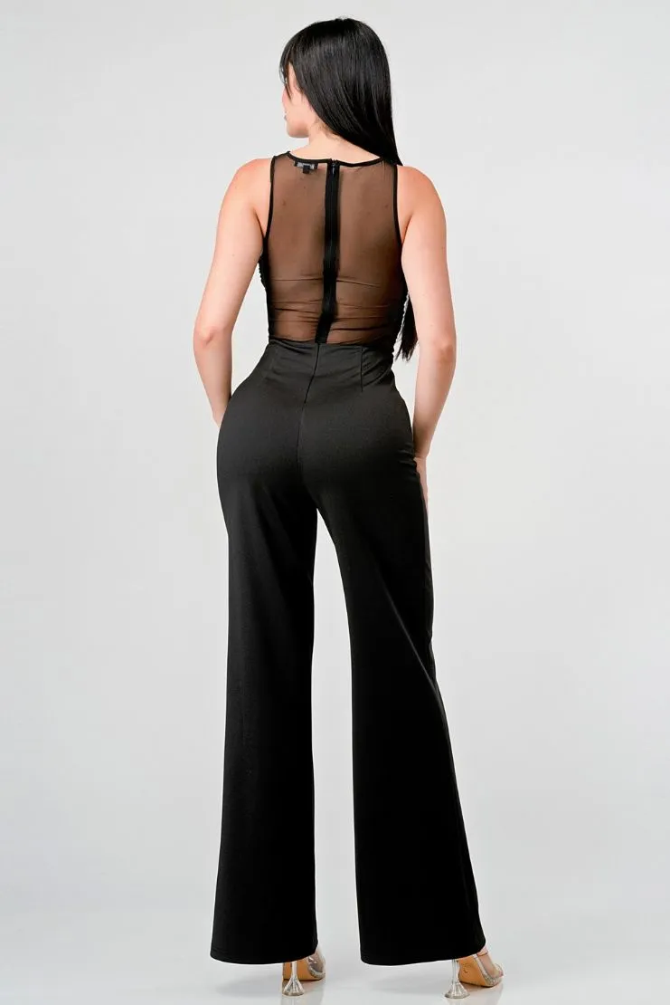 Ryann Sheer Ruched Bodice Black Jumpsuit