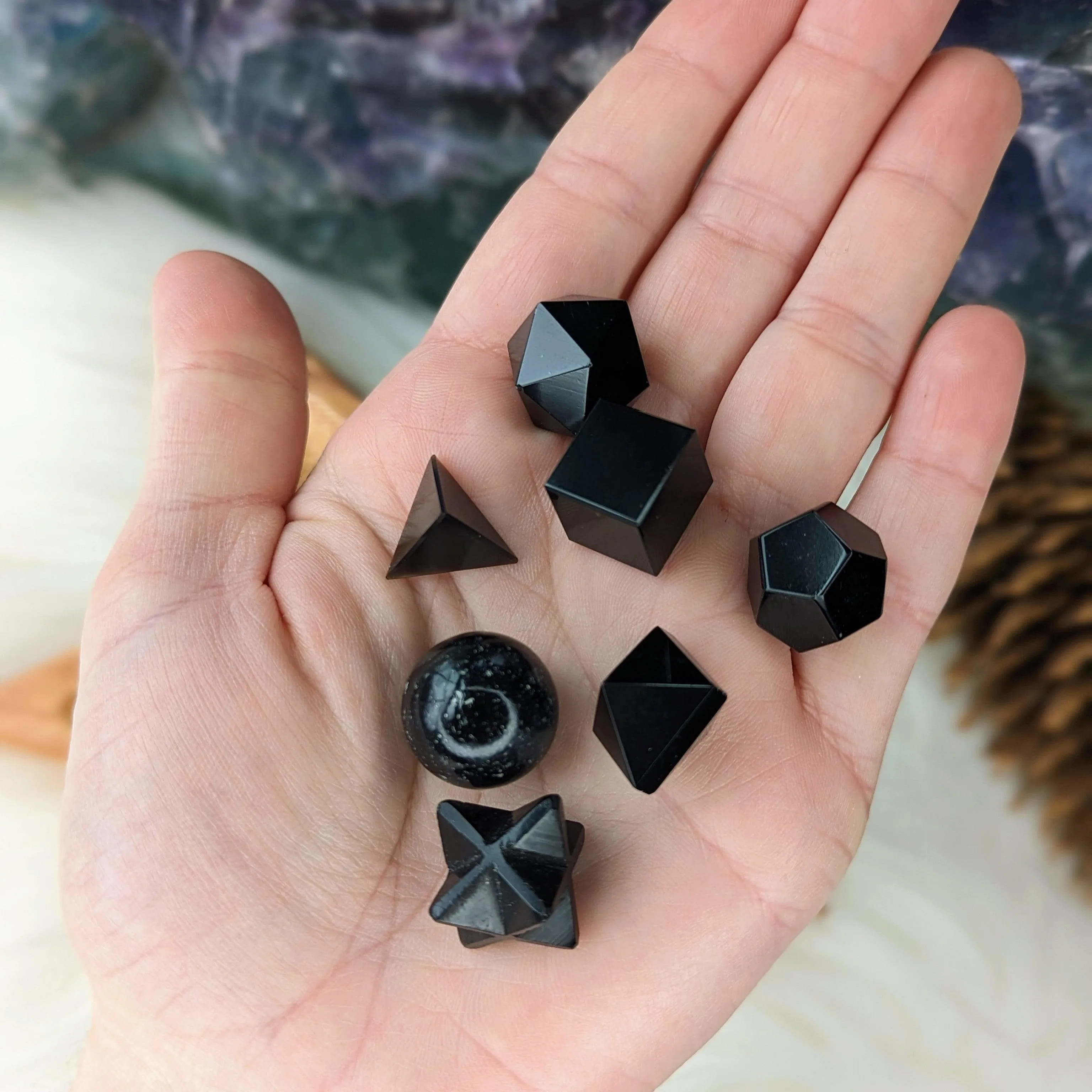 Sacred Geometry (Platonic solids) Obsidian~  7 Shape Crystal Set