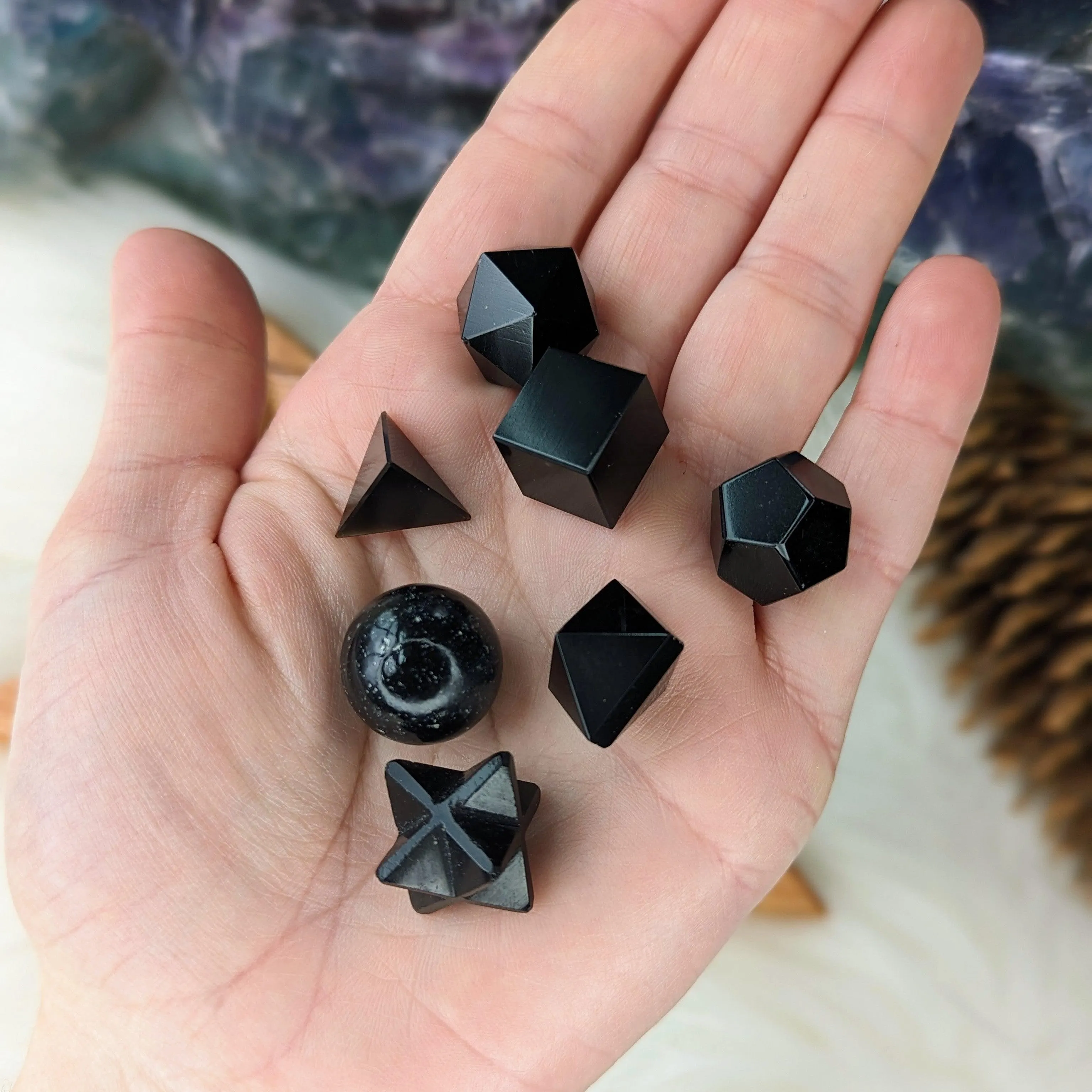 Sacred Geometry (Platonic solids) Obsidian~  7 Shape Crystal Set