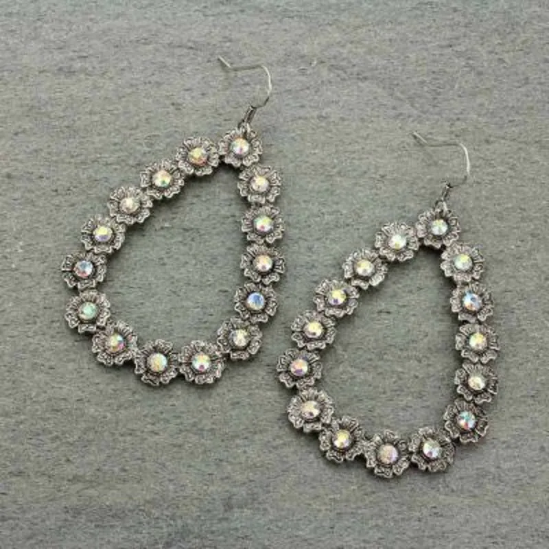 Silver Bling Flower Teardrop Hoops