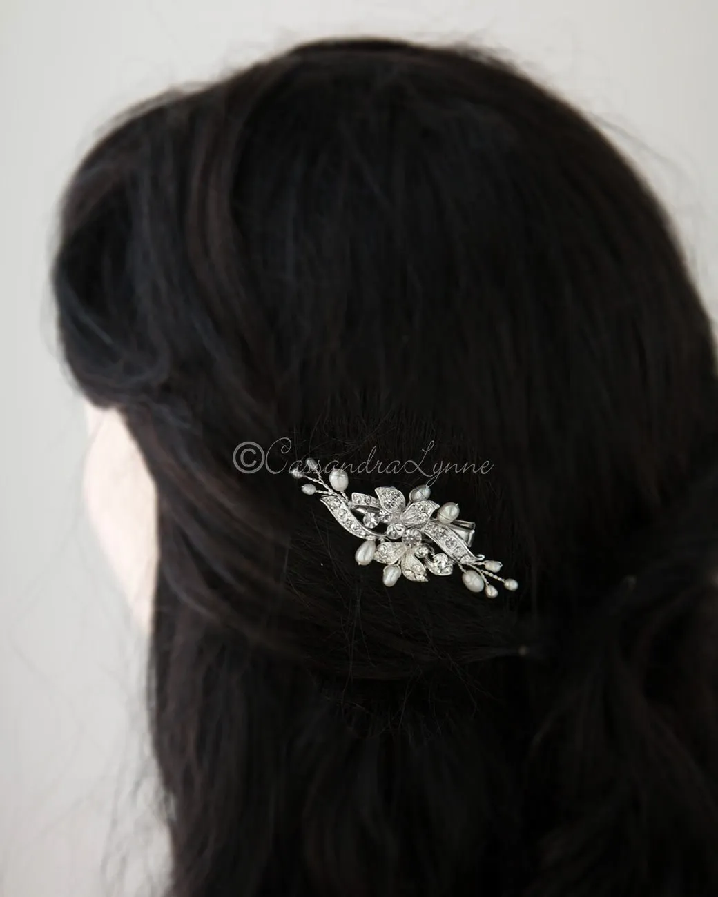 Small Gold Crystal and Pearl Floral Hair Clip