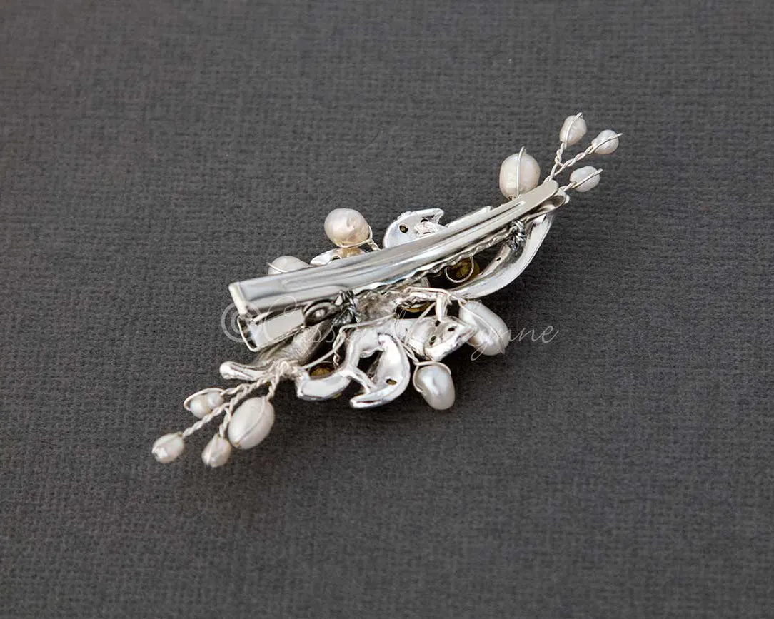 Small Gold Crystal and Pearl Floral Hair Clip