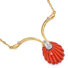 Uno a Erre Vintage 14K Yellow Gold Red Coral & Diamond Shell Pendant Necklace