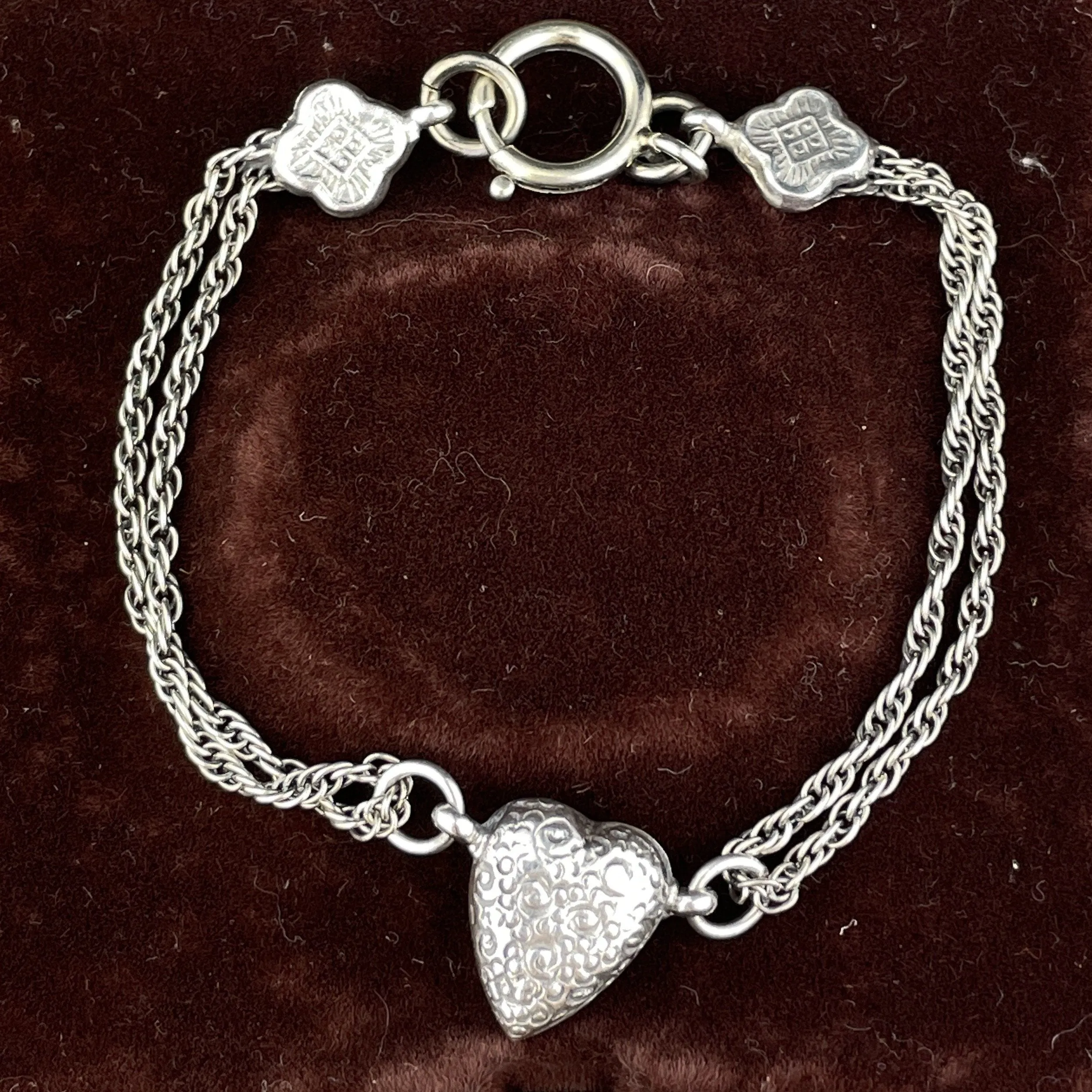 Victorian Sterling Silver Engraved Puffy Heart Albertina Bracelet