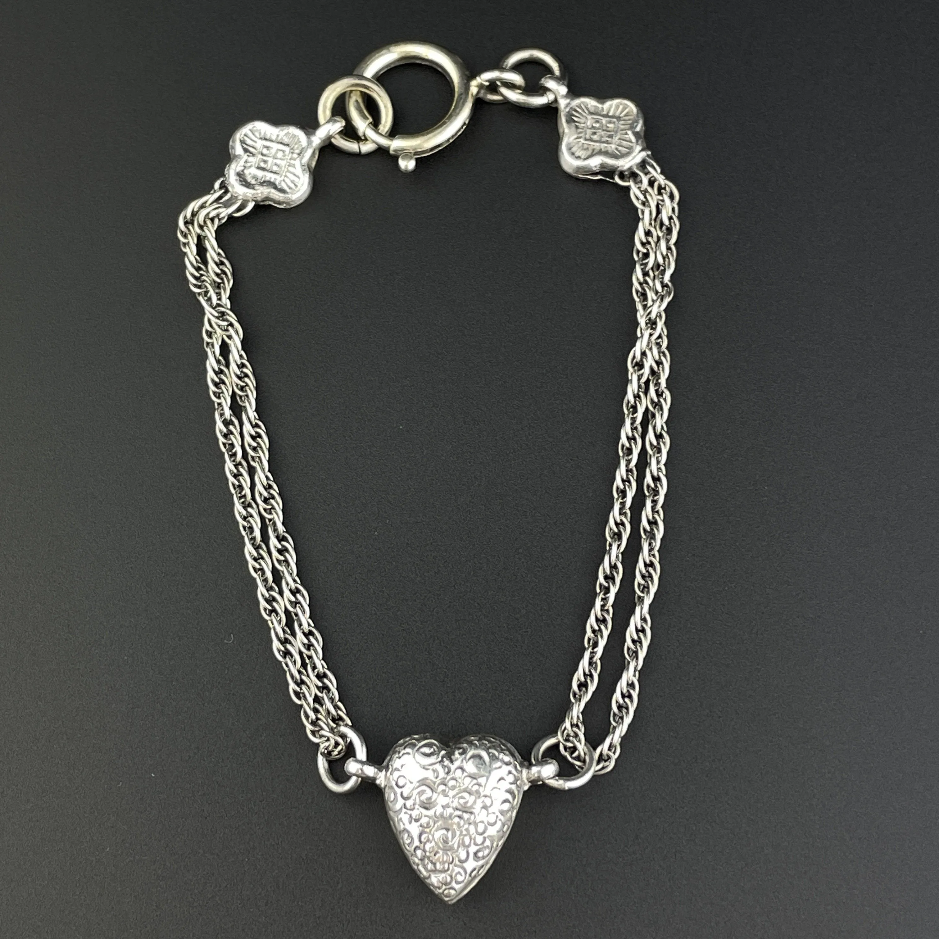 Victorian Sterling Silver Engraved Puffy Heart Albertina Bracelet