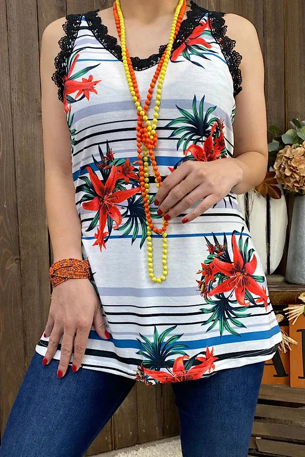 White Striped Floral Tank with black lace trim